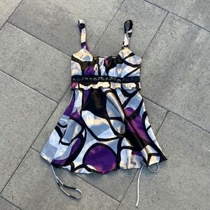 Event Womens Satin Abstract Geometric Print Beaded Empire Waist Cami Top Purple
